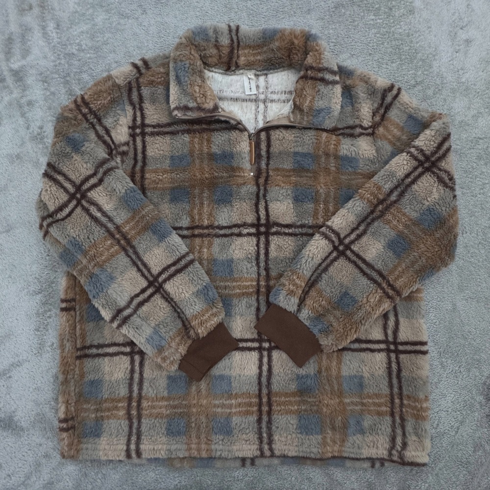 Chicyea Women's Fleece/Faux Fur Style Size Large Plaid‎ Long Sleeve Quarter Zip